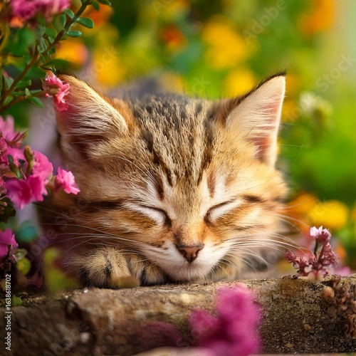 花に囲まれて眠る子猫