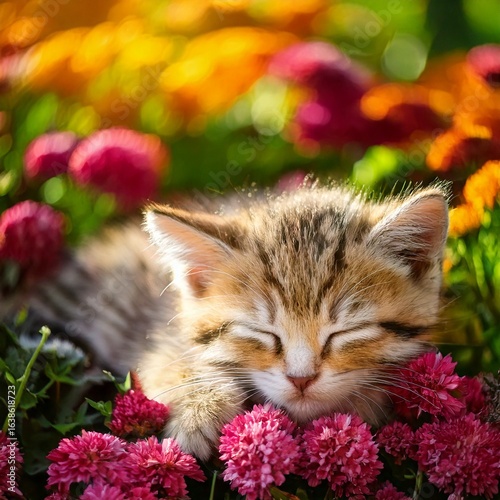 花に囲まれて眠る子猫