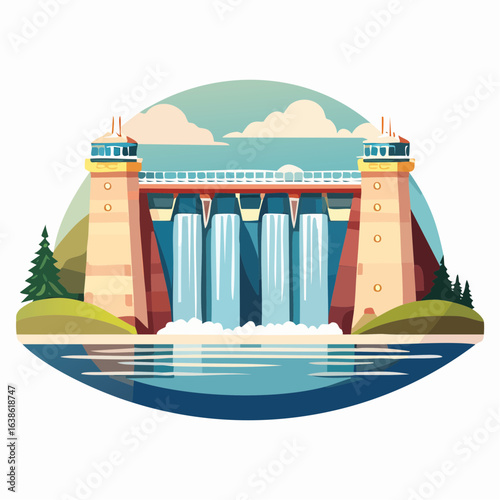 Hydroelectric dam icon for renewable water power themes
