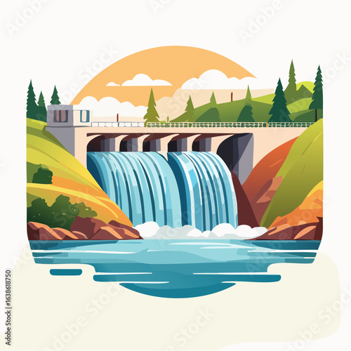 Hydroelectric dam icon for renewable water power themes