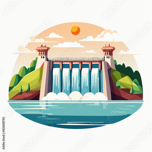 Hydroelectric dam icon for renewable water power themes