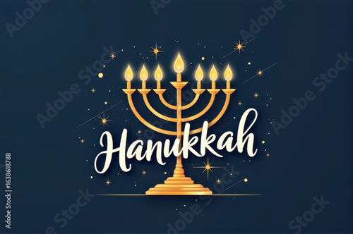 Golden menorah with illuminated candles and sparkles, celebrating Hanukkah festivities. Minimalist design for holiday promotions.
