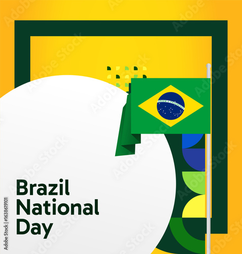 Happy Brazil National Day. Social post template to celebrate Brazil independence day. Background with an creative geometric pattern and the Brazilian flag. Holiday concept illustration