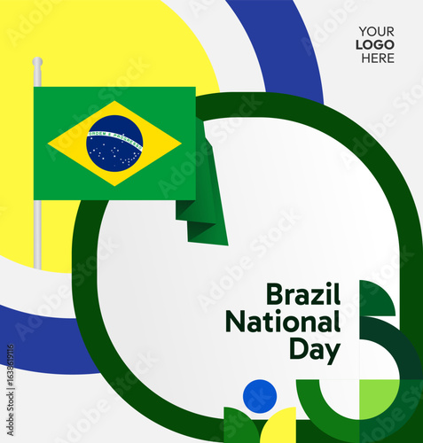 Happy Brazil National Day. Social post template to celebrate Brazil independence day. Background with an creative geometric pattern and the Brazilian flag. Holiday concept illustration
