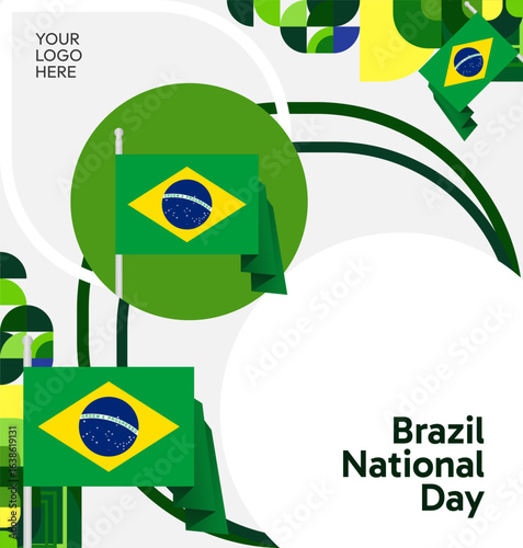 Happy Brazil National Day. Social post template to celebrate Brazil independence day. Background with an creative geometric pattern and the Brazilian flag. Holiday concept illustration