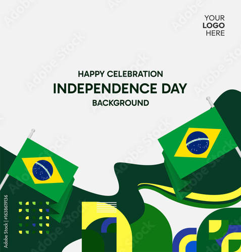 Happy Brazil National Day. Social post template to celebrate Brazil independence day. Background with an creative geometric pattern and the Brazilian flag. Holiday concept illustration