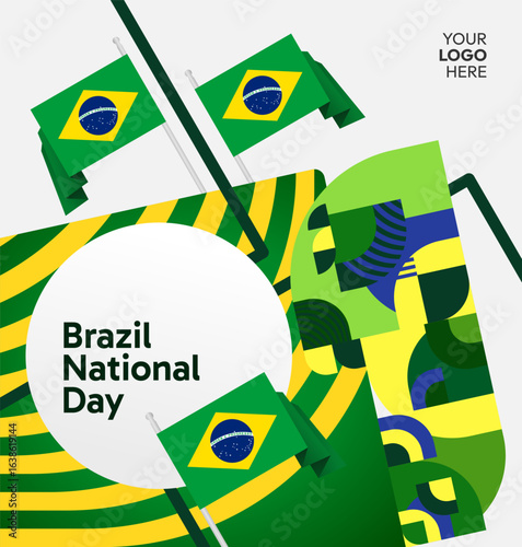 Happy Brazil National Day. Social post template to celebrate Brazil independence day. Background with an creative geometric pattern and the Brazilian flag. Holiday concept illustration