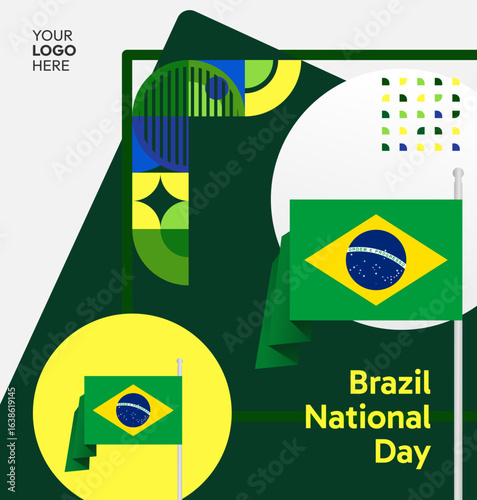 Happy Brazil National Day. Social post template to celebrate Brazil independence day. Background with an creative geometric pattern and the Brazilian flag. Holiday concept illustration
