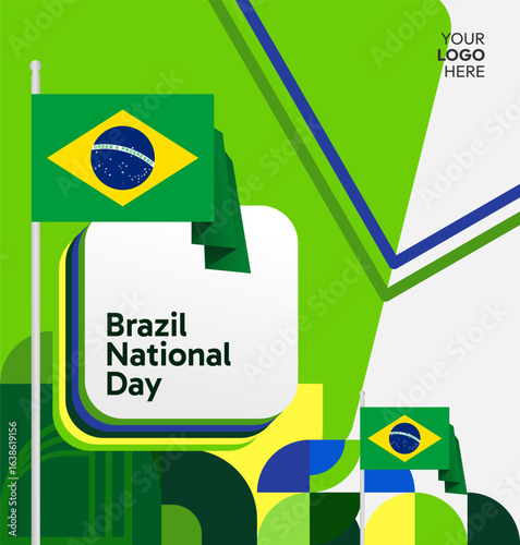Happy Brazil National Day. Social post template to celebrate Brazil independence day. Background with an creative geometric pattern and the Brazilian flag. Holiday concept illustration