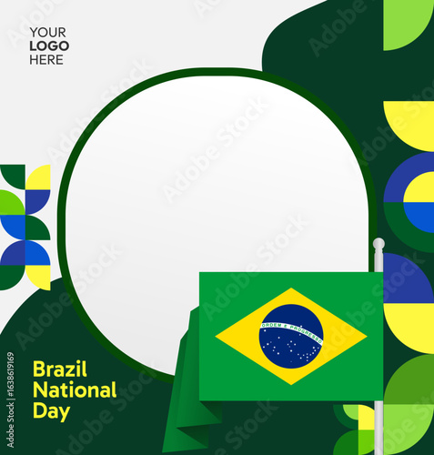 Happy Brazil National Day. Social post template to celebrate Brazil independence day. Background with an creative geometric pattern and the Brazilian flag. Holiday concept illustration