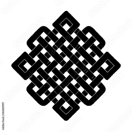 Detailed illustration of a complex black endless knot with a square shape on a white background