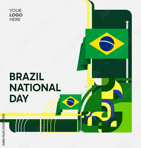 Happy Brazil National Day. Social post template to celebrate Brazil independence day. Background with an creative geometric pattern and the Brazilian flag. Holiday concept illustration