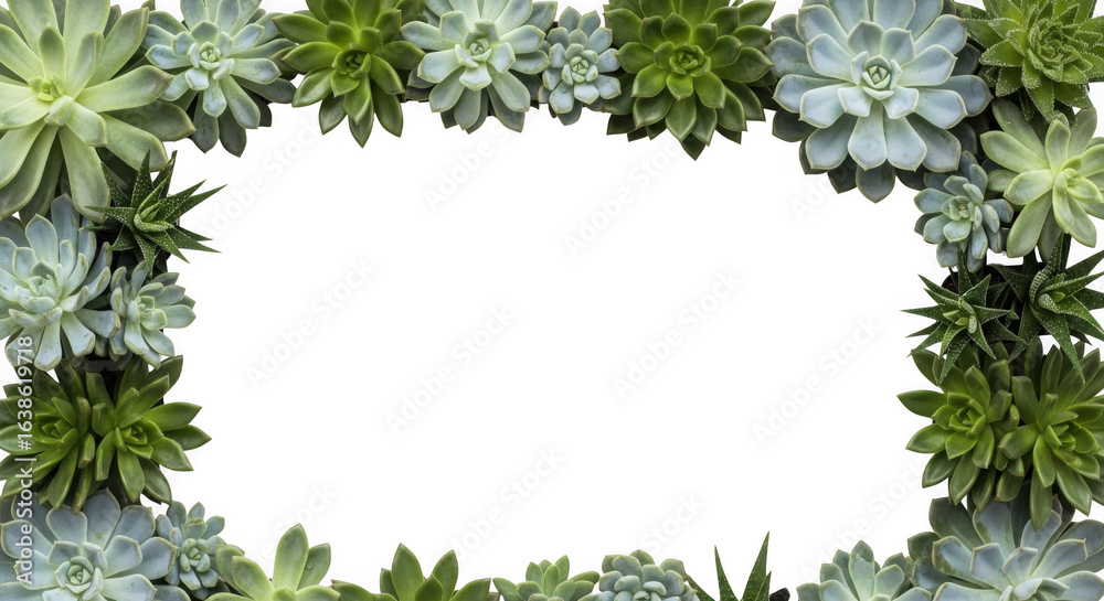 Naklejka premium Oval Frame Composed of Various Succulent Plants and Green Foliage Bordering a Black Background with Empty Space for Text or Images