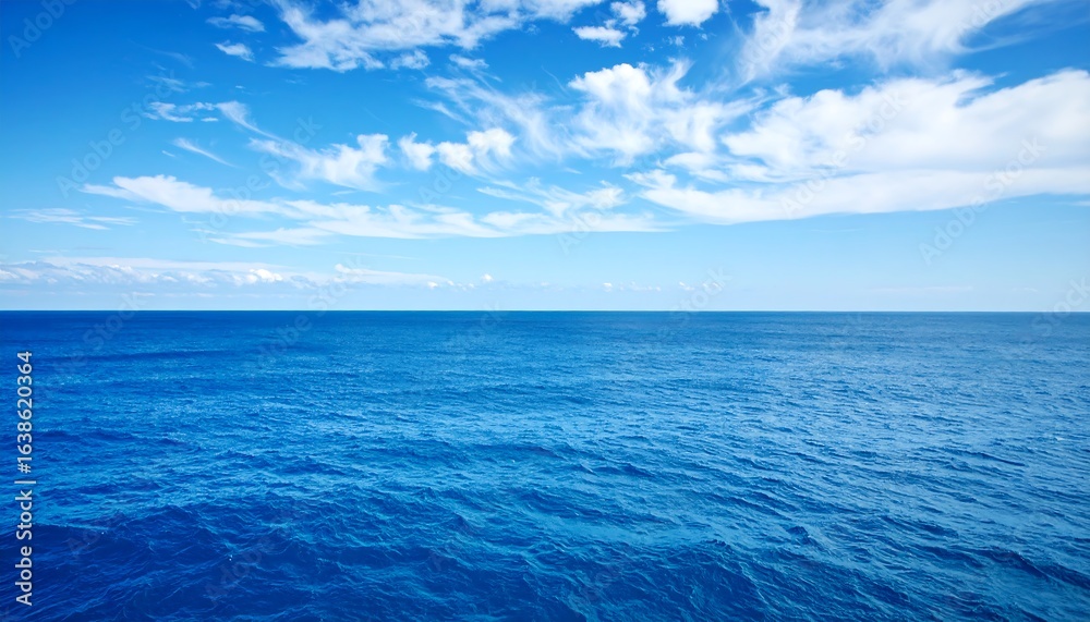 Fototapeta premium Tranquil expanse of deep blue ocean meeting a vast, cloud-filled sky.