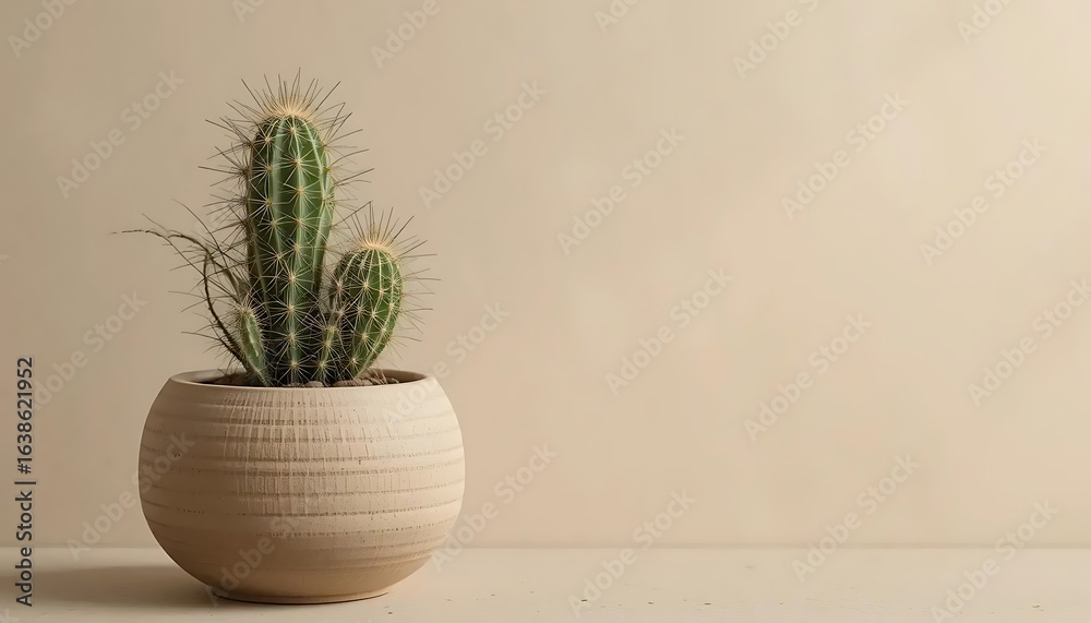Fototapeta premium Minimalist Cactus Plant in Textured Pot with Copy Space.