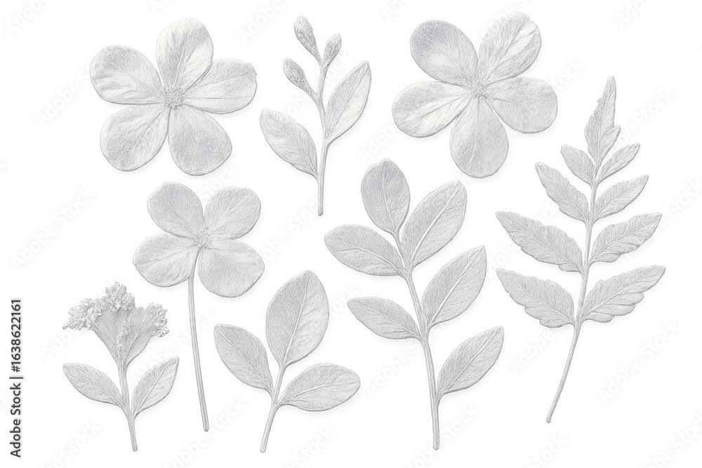 Fototapeta premium Pressed botanical specimens arranging delicate white floral elements against translucent surface