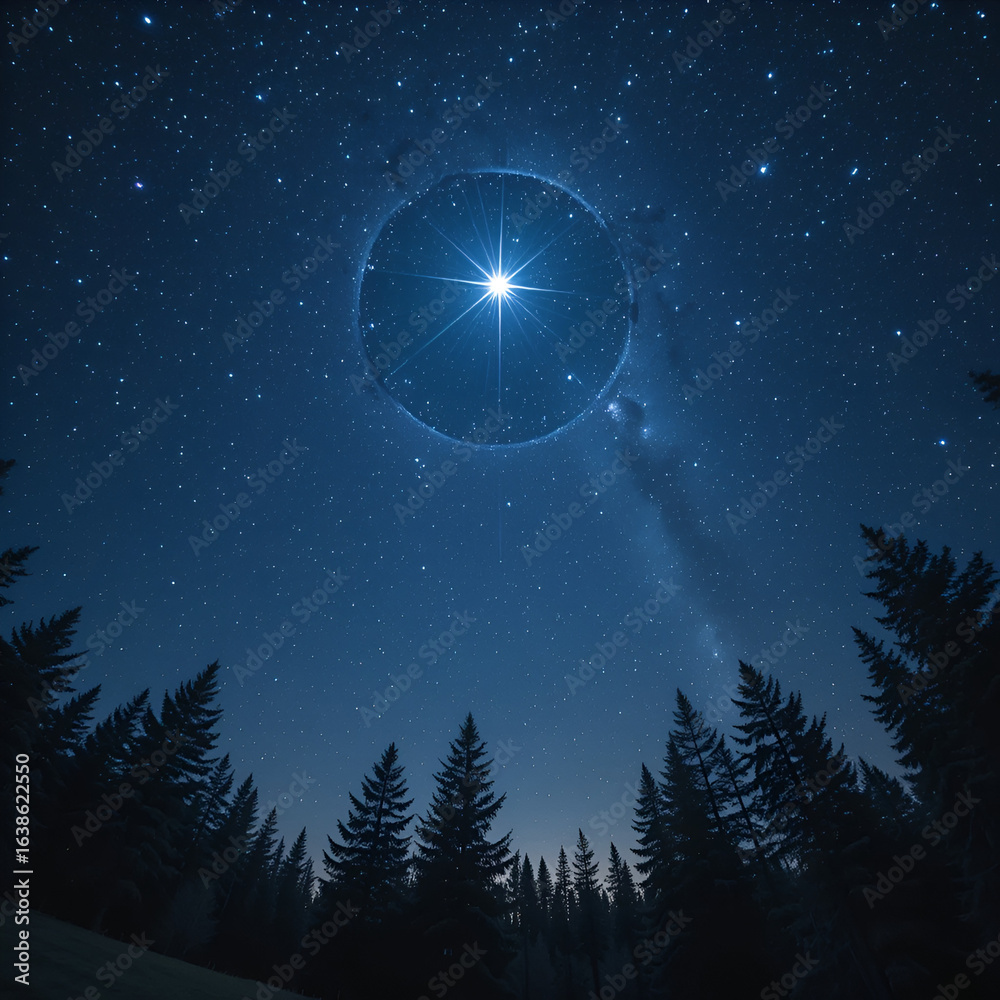 Fototapeta premium Shining star in night Sky at forest