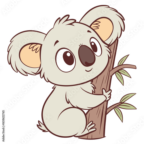 Cartoon koala clinging to a tree branch with green leaves and a cute expressive face in a vector image created with generated ai