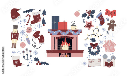 Christmas and New Year stickers in Scandinavian cartoon style.Cozy fireplace, holiday gifts,gingerbread cookies, festive decor, and winter hygge elements.Seasonal vector illustrations in retro groovy