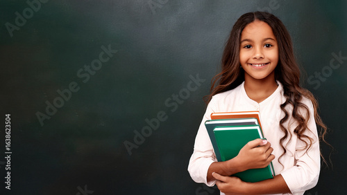 Young female African American student holding books in front of a blank blackboard