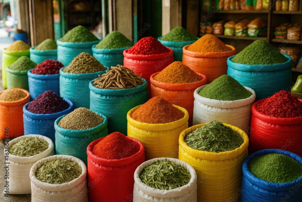 Fototapeta premium Assorted spices and herbs piled high in colorful fabric sacks at a lively street market, showcasing diverse textures and colors.
