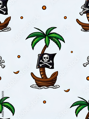 Seamless pattern with little pirate flag and palm tree embroidery stitches imitation