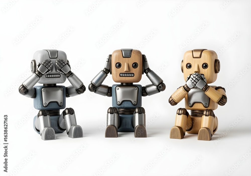 Naklejka premium Three wooden robots mimicking see no evil hear no evil speak no evil concept of AI ethics and moral boundaries