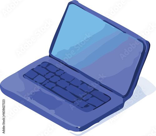 A stylized illustration of an open blue laptop computer with a blank screen.