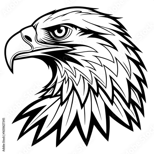 "High-contrast black and white stylized eagle head illustration, sharp geometric feather edges, circular eye highlight, strong beak contour, centered profile composition."
