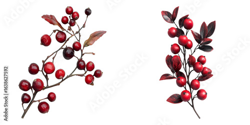 Two branches of red berries, one with more berries than the other