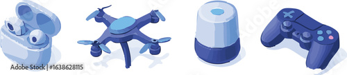 An isometric illustration set of modern technology gadgets, including wireless earbuds, a drone, a smart speaker, and a game controller.