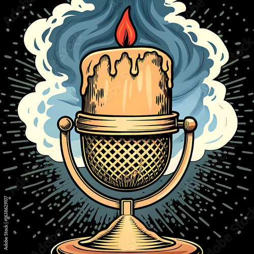 Vintage microphone, candle flame, symbolic of voice and hope.
