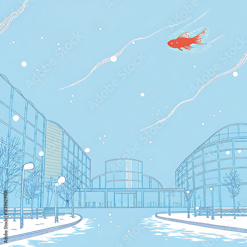 Snowy city street scene, goldfish in flight, winter wonderland.
