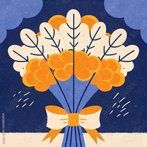 A bouquet of orange and white flowers tied with a ribbon.
