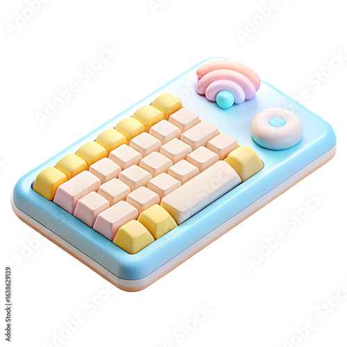 Pastel keyboard with colorful keys, playful design.
