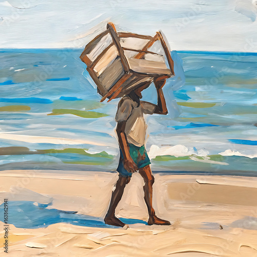 Man carries large crate on beach, symbolizing hard work.
