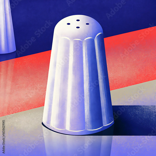 A stylized salt shaker, pale blue, on a vibrant background.
