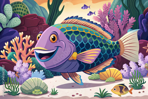 Wrasse cleaning other fish in coral reef, symbiotic under sea life world cartoon vector