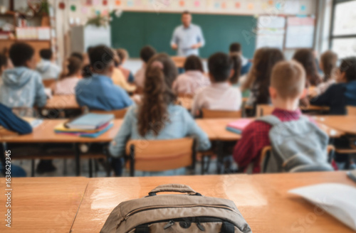 Classroom scene with students and teacher in the background.