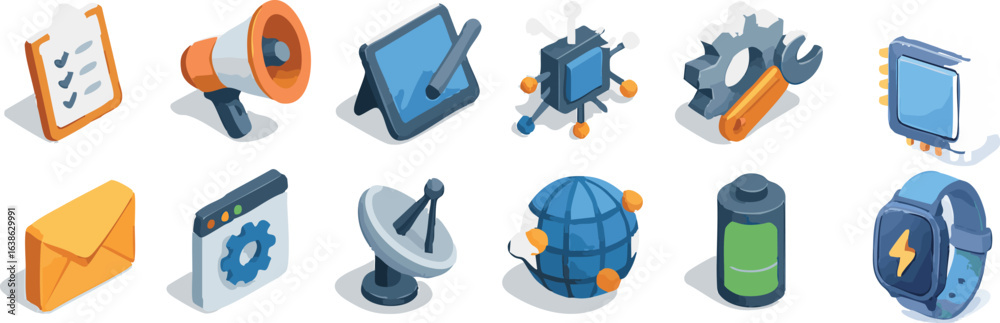 A collection of modern isometric icons representing technology, communication, and digital services on a white background. A collection of modern isometric icons representing technology, communication, and digital services on a white background.