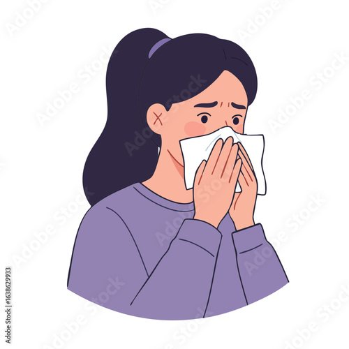 Vector illustration of person wiping nose with tissue on white background, health care