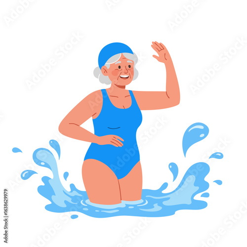 Vector illustration of senior woman in water aerobics on white background, pool exercise