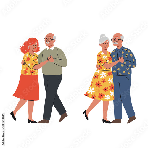 Vector illustration of seniors dancing together on white background, active lifestyle