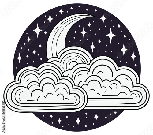 Stylized night sky with crescent moon and fluffy clouds illustration