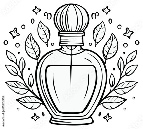 Elegant perfume bottle surrounded by blooming branches and sparkling stars