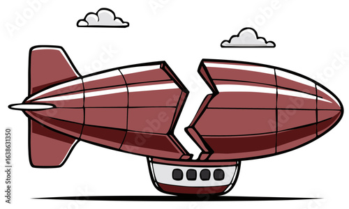 Illustration of a red vintage airship or blimp broken in half after a disastrous crash