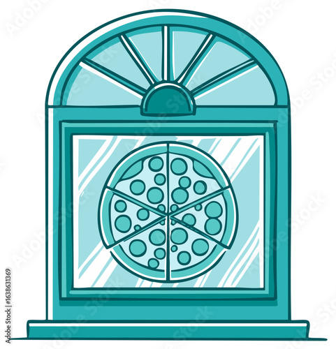 Cartoon illustration of a stylized arched window with a pizza inside
