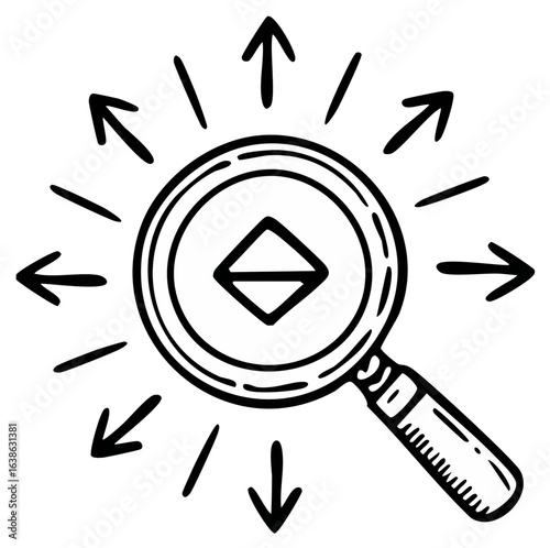 Hand-drawn magnifying glass with expanding arrows, representing search, discovery, and broad insight