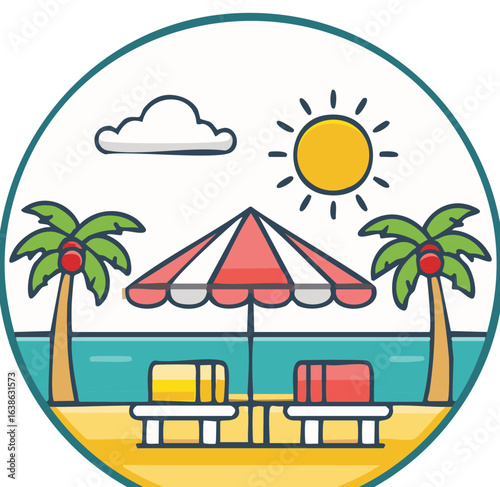 Stylized Tropical Beach Scene with Palm Trees, Umbrella, Sun and Chairs