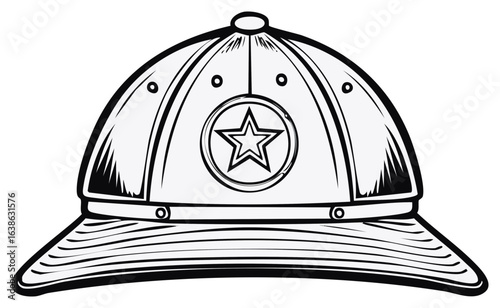 Illustration of a peaked cap, featuring a star design on the front, in a minimalist grayscale style.